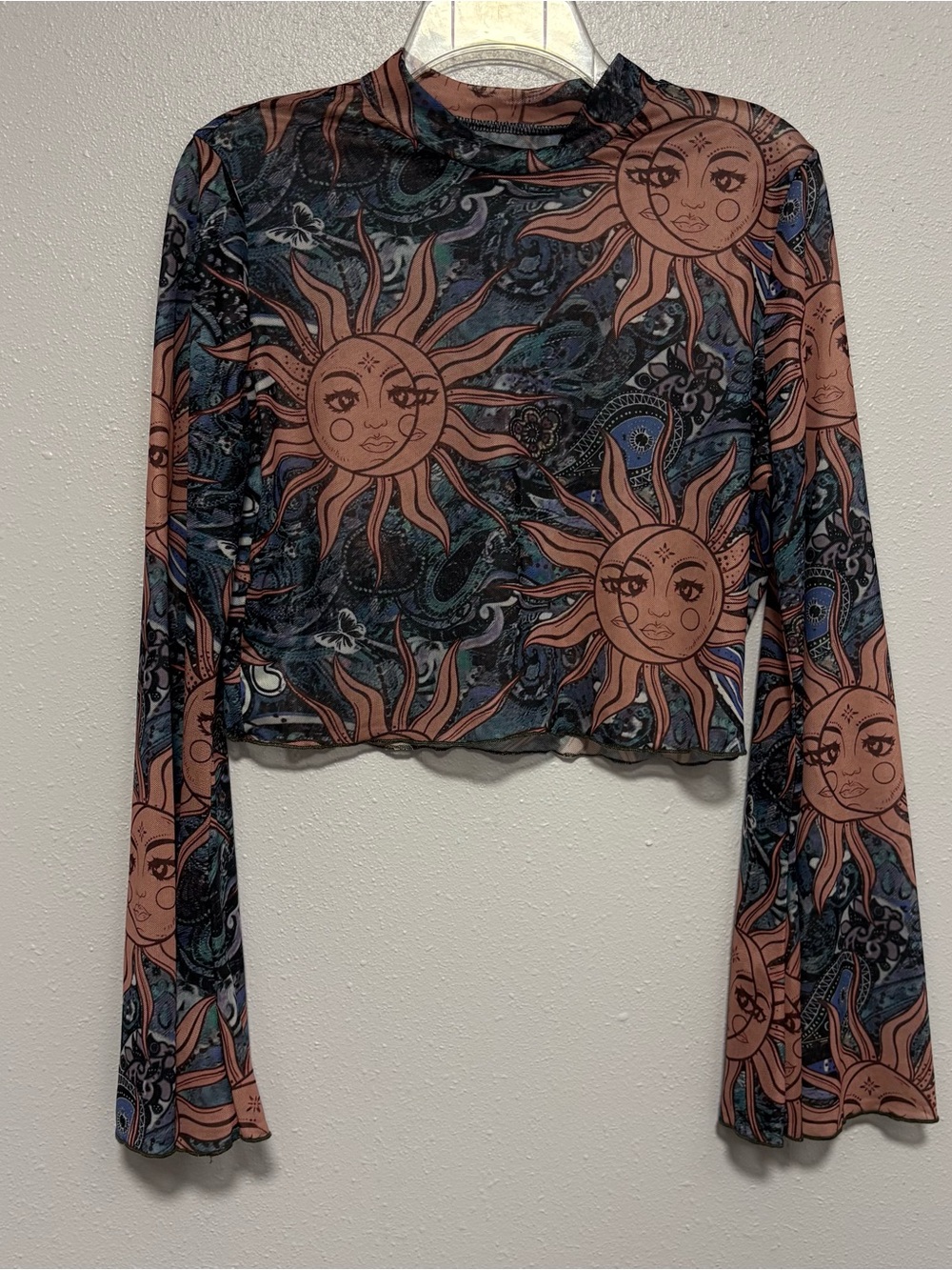 No Brand Whimsigoth Celestial Sun Mesh Flare Sleeve Cropped Top Size L